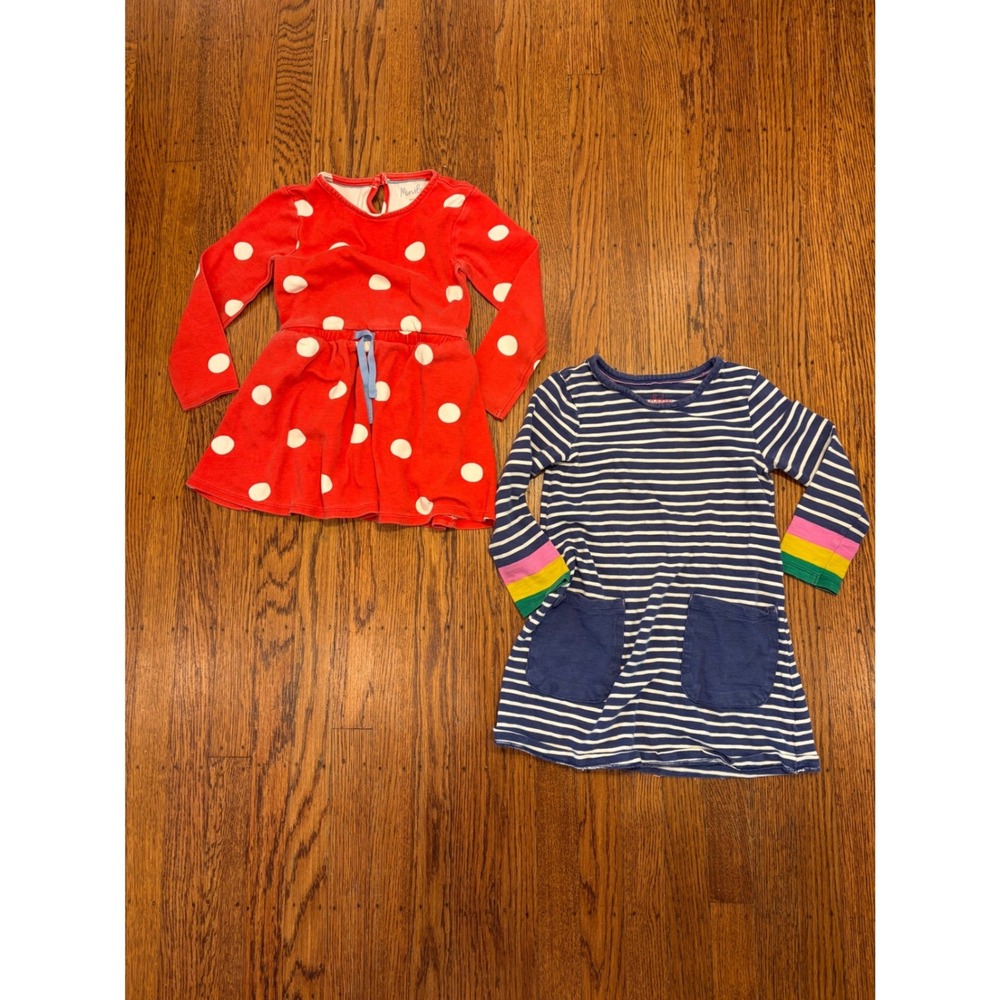 Mini Boden Girls Long Sleeve Dress Lot 2 Red Polka Dot Navy Stripe Size 5-6Y